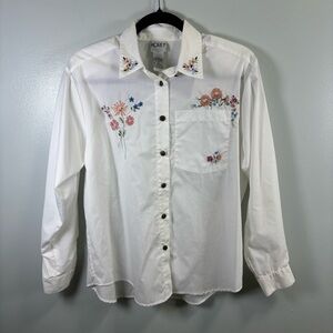 Koret‎ Women's White Button-Down Shirt with Floral Embroidery Sz Small